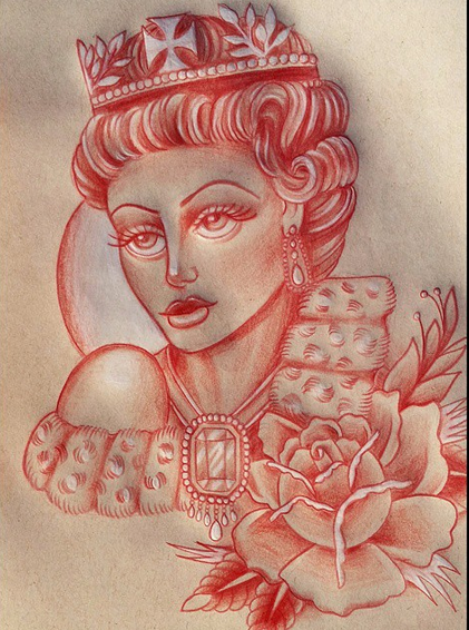 Tattoos - Red Pencil Sketch of the Queen - 101666